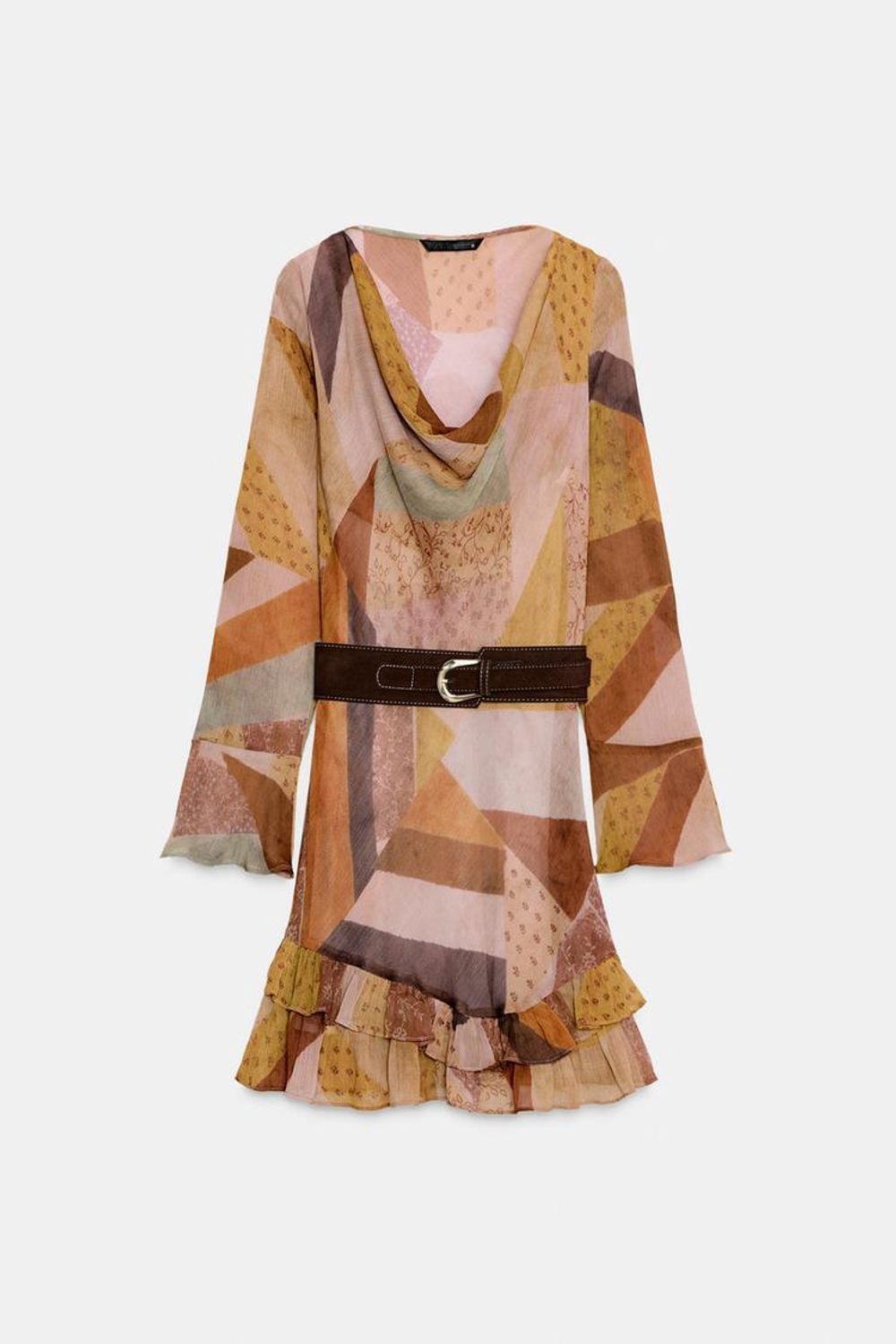 ZARA МИНИ-ПЛАТЬЕ С ПРИНТОМ ПЭЧВОРК И РЕМНЕМ, РАЗНОЦВЕТНЫЙ