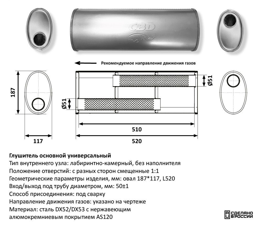 Глушитель под трубу D50 Нержавеющий CBD430004
