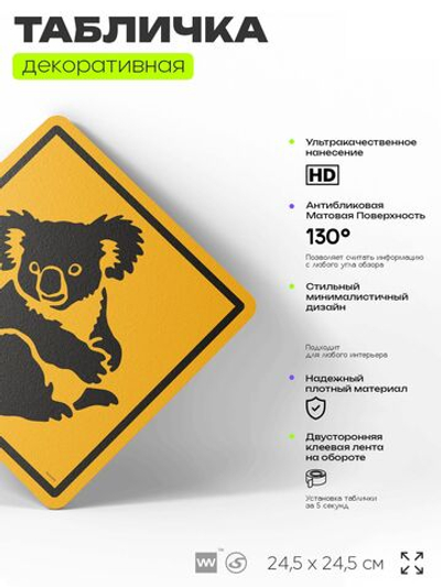 Табличка прикольная "Осторожно, коала" на дверь и стену, информационная и предупреждающая, декоративный знак, 24,5х24,5 см, пластиковая, Айдентика Технолоджи