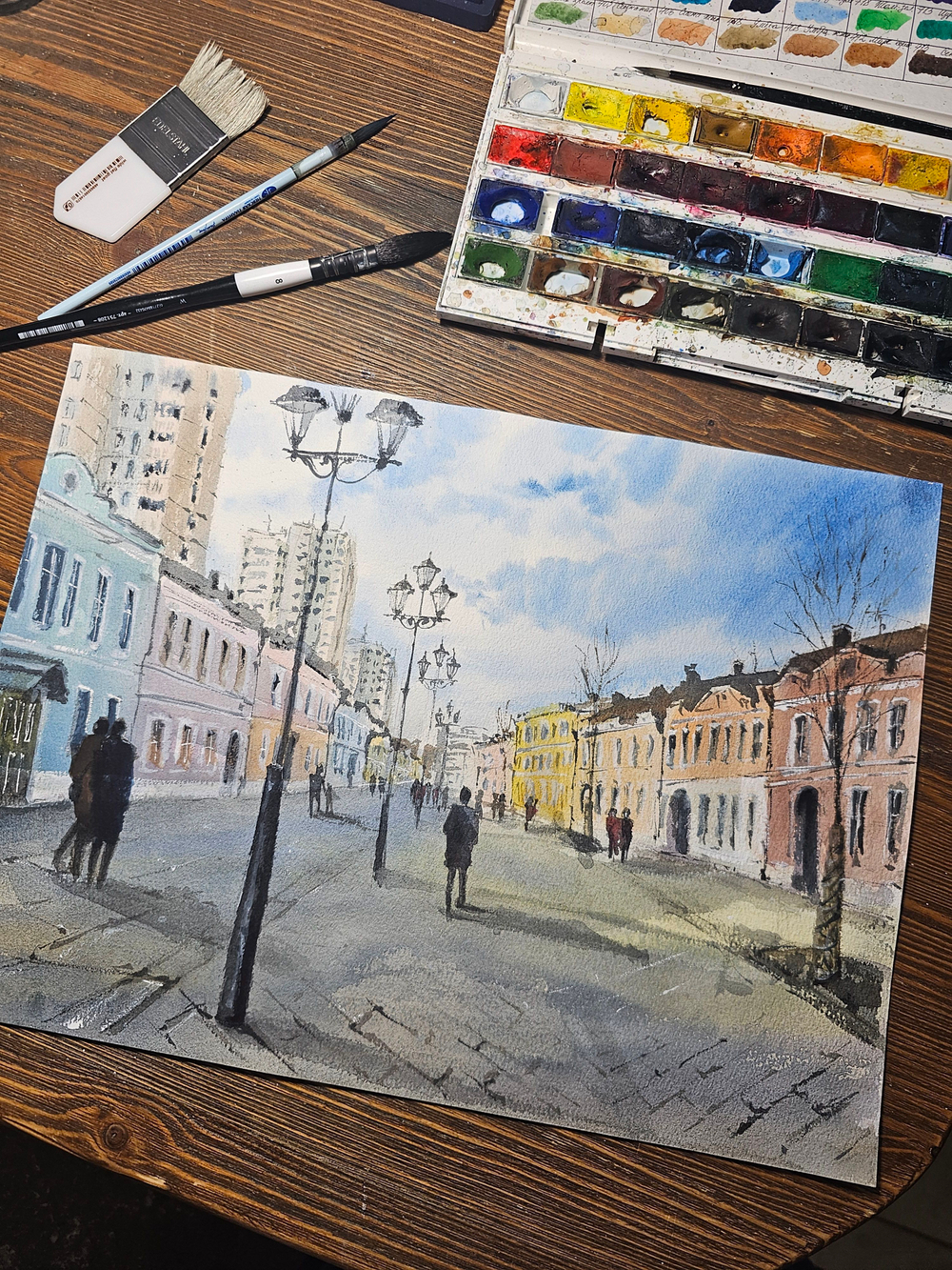 Картина авторская акварельная в паспарту 40х50 см на стену для интерьера "Школьная улица. Москва"