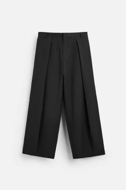 ZARA БРЮКИ WIDE-LEG СО СКЛАДКАМИ, ЧЕРНЫЙ