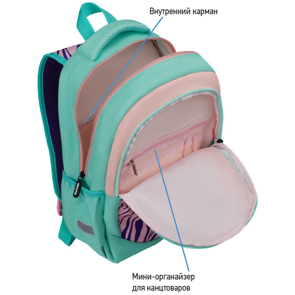 Рюкзак Berlingo Boom "Animal pattern mint" 38,5*29*12см, 2 отделения, 3 кармана, анатомическая ЭВА спинка