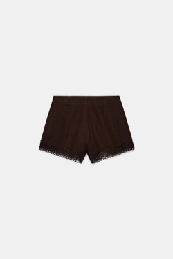 ZARA ШОРТЫ С ВЫШИВКОЙ И КРУЖЕВОМ, КОРИЧНЕВЫЙ