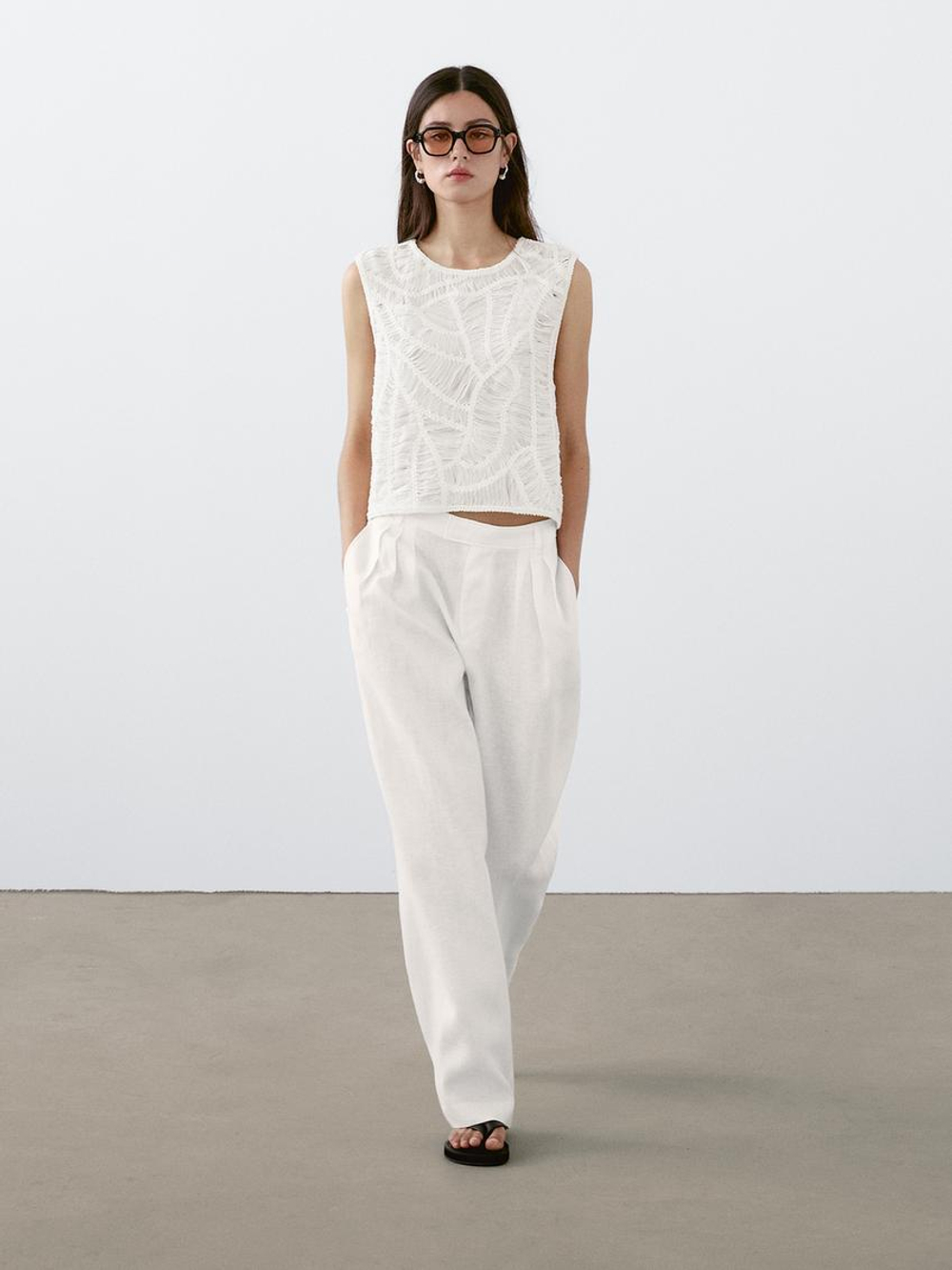 Massimo Dutti Топ из кружева кроше ажурной вязки с цветочным принтом, кремовый