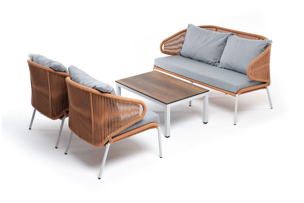 "Милан" лаунж-зона 4-местная плетеная из роупа (веревки), каркас алюминиевый светло-серый, роуп оранжевый меланж