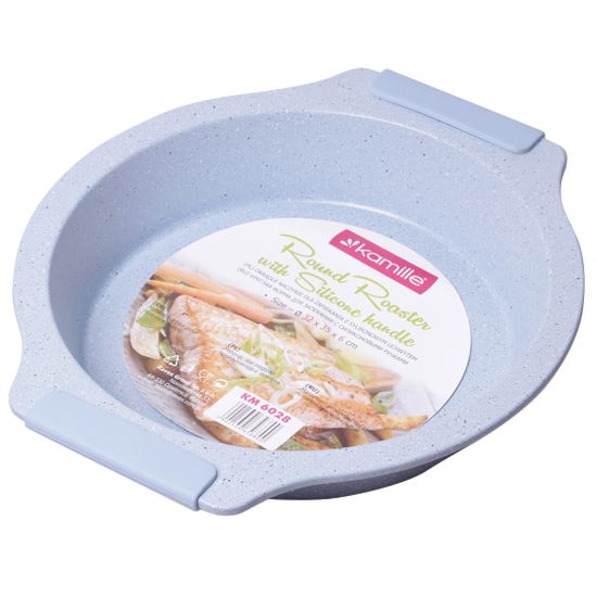 Форма для запекания круглая Kamille KM 6028 (35х32х6 см.) из углеродистой стали, голубой и бежевый мрамор