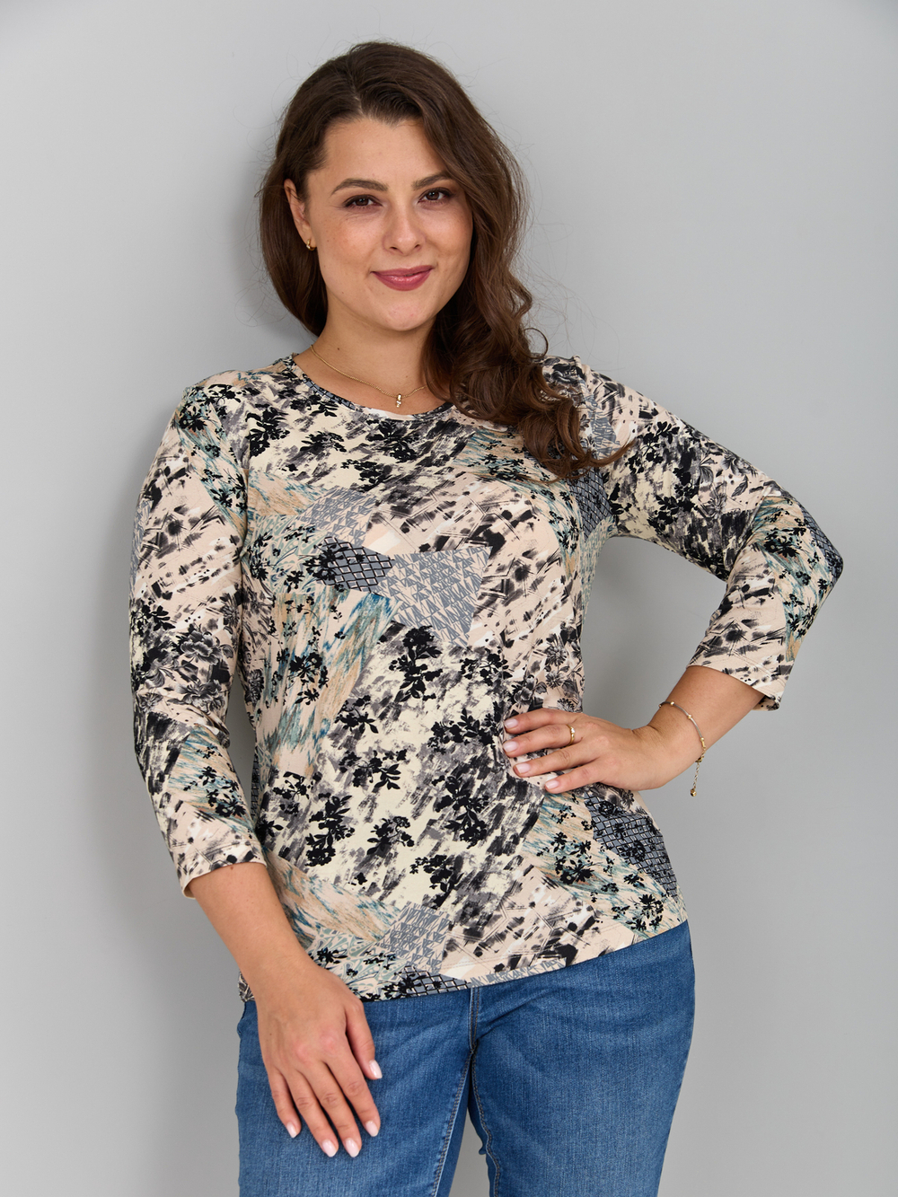 Лонгслив ЛНв-306/коллажиндиго-серыецветы