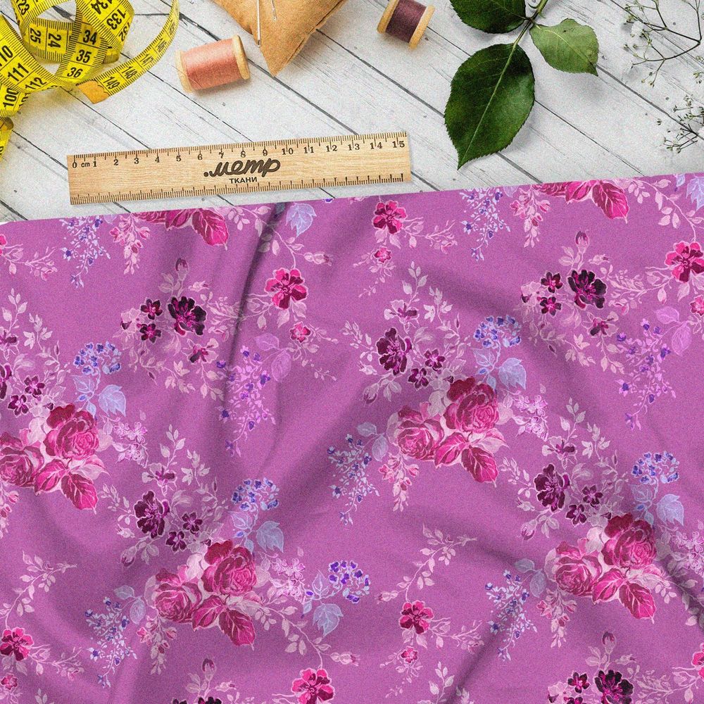 Ткань бифлекс розы с веточками листьев