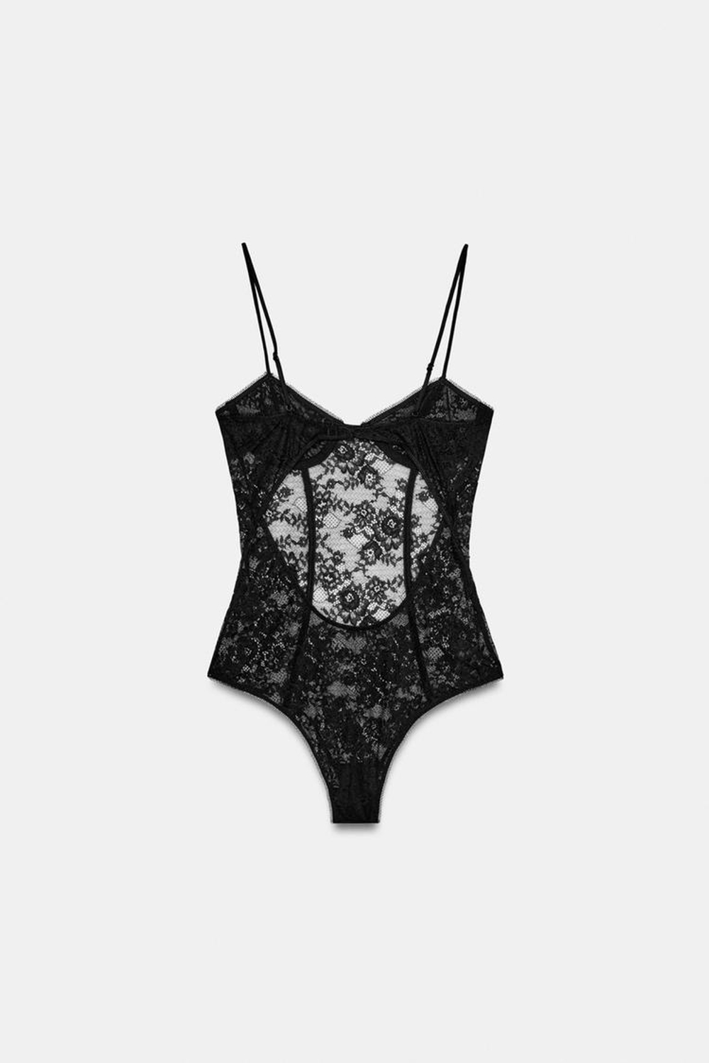 ZARA КРУЖЕВНОЕ БОДИ С ОТКРЫТОЙ СПИНОЙ, ЧЕРНЫЙ