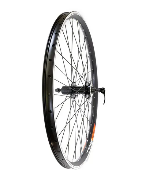 Колесо заднее 28-29" TRIX, профиль алюминиевый, двойной, 36H, фрезерованный, 622х24,1/31,6х24,2мм, A/V, анодированный, черный, втулка алюминиевая, под ДИСК, под кассету 8-10 скоростей, эксцентрик, черная, спица черная