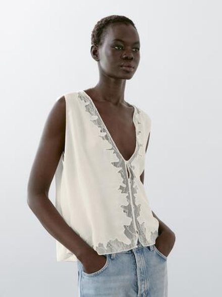 Massimo Dutti Струящаяся блузка с кружевной отделкой, натуральный