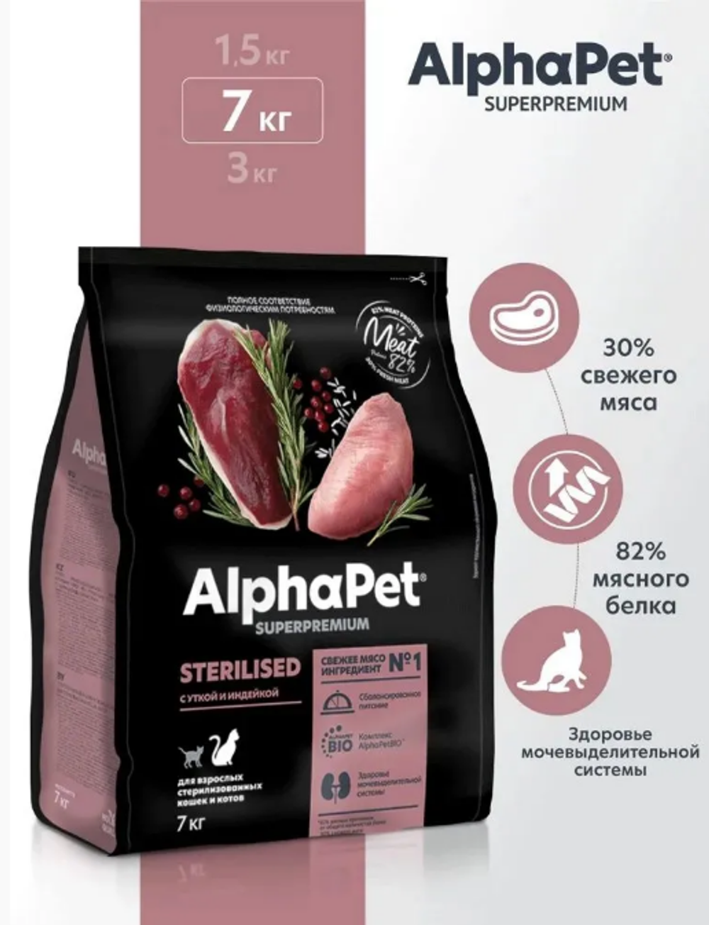 Сухой полнорационный корм для стерилизованных кошек AlphaPet Superpremium (АльфаПет) 7кг с уткой и индейкой сухой для взрослых стерилизованных кошек