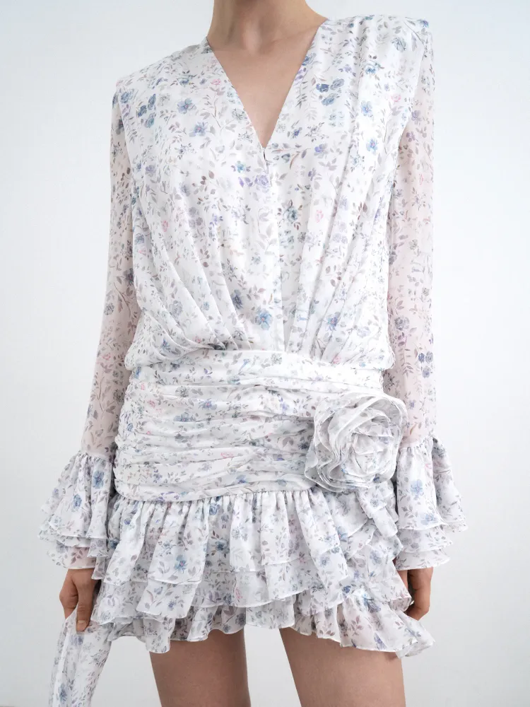 Мира мини (Mira mini), платье мини из молочного шифона с цветочным принтом