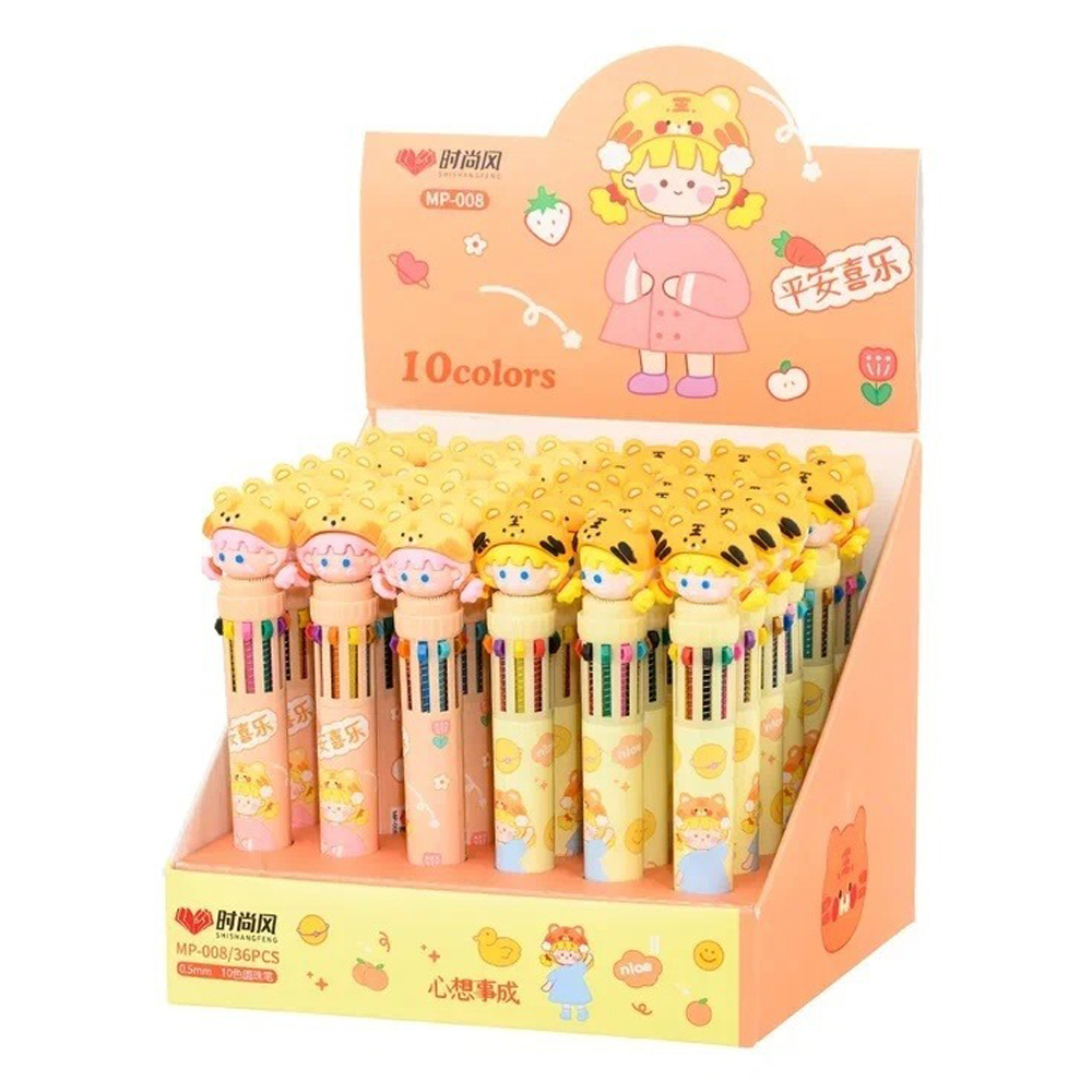 Ручка шариковая, автоматическая, 10в1, Basir, серия "ДЕВОЧКА", 10-ти цветная, с резиновой фигуркой, 36 шт