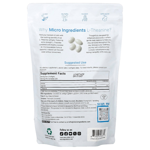 Micro Ingredients, L-теанин, 400 капсул (200 мг в 1 капсуле)