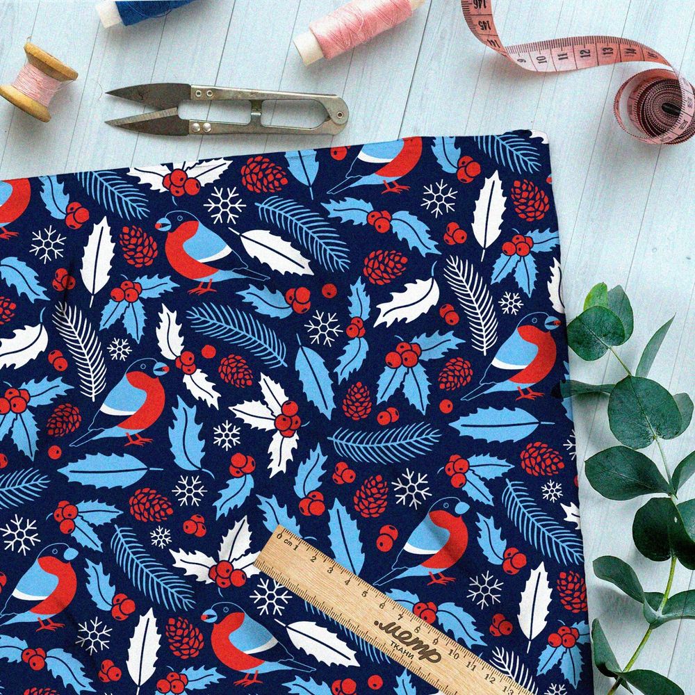 Ткань атлас голубые снегири и листья с шишками на синем фоне