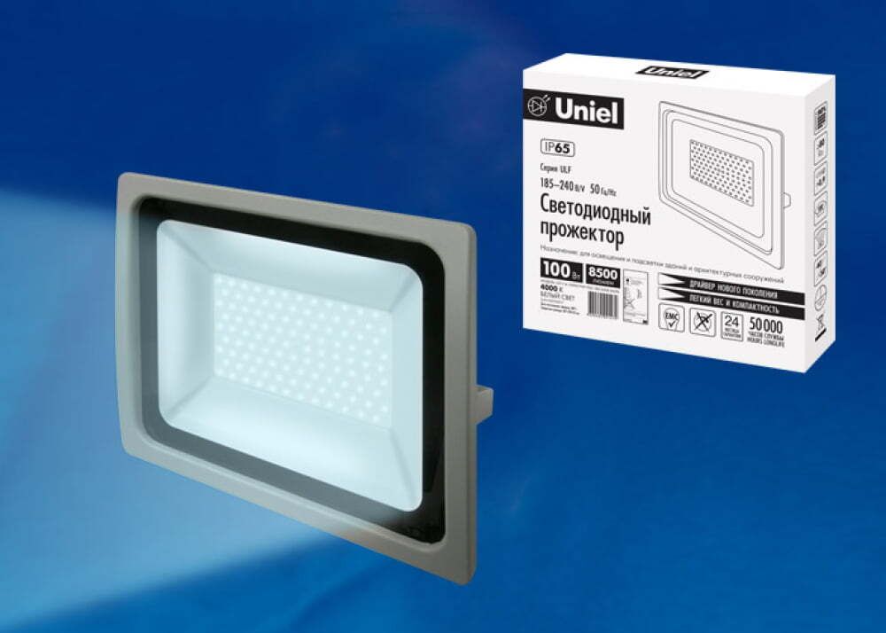 ULF-F16-100W/DW IP65 185-240В SILVER Прожектор светодиодный. Дневной свет (6500K). Корпус серебристый. TM Uniel.