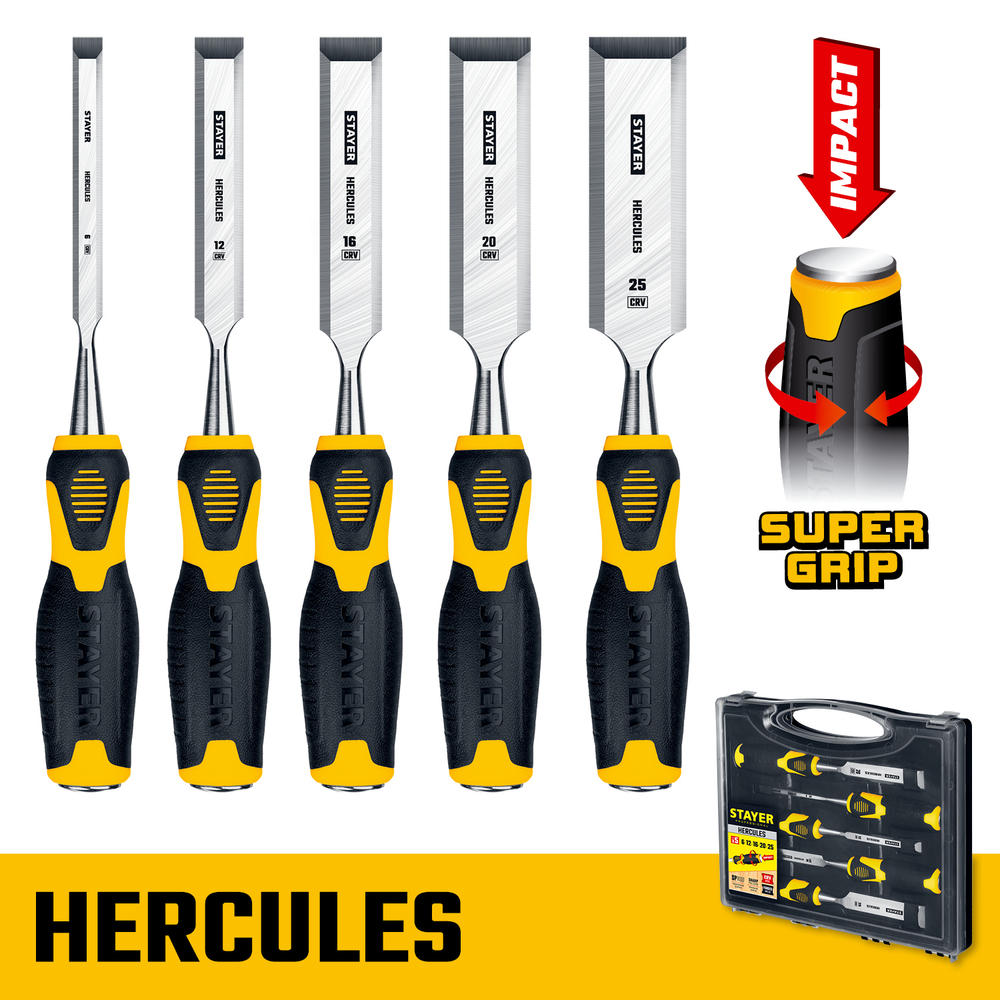 STAYER HERCULES набор стамесок-долот с двухкомпонентной рукояткой, 5шт