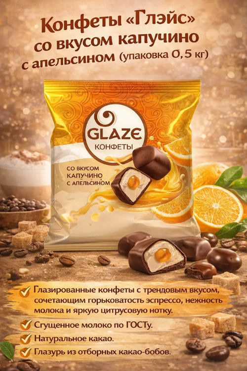 Конфеты «Глэйс» со вкусом капучино с апельсином / 500 гр / флоу-пак /  ТМ КДВ