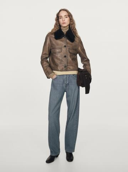 Massimo Dutti Куртка из кожи наппа с воротником из овчины, коричневый