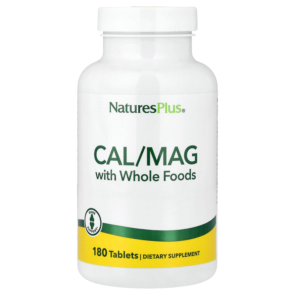 NaturesPlus, кальций и магний с цельнопищевыми ингредиентами, 180 таблеток