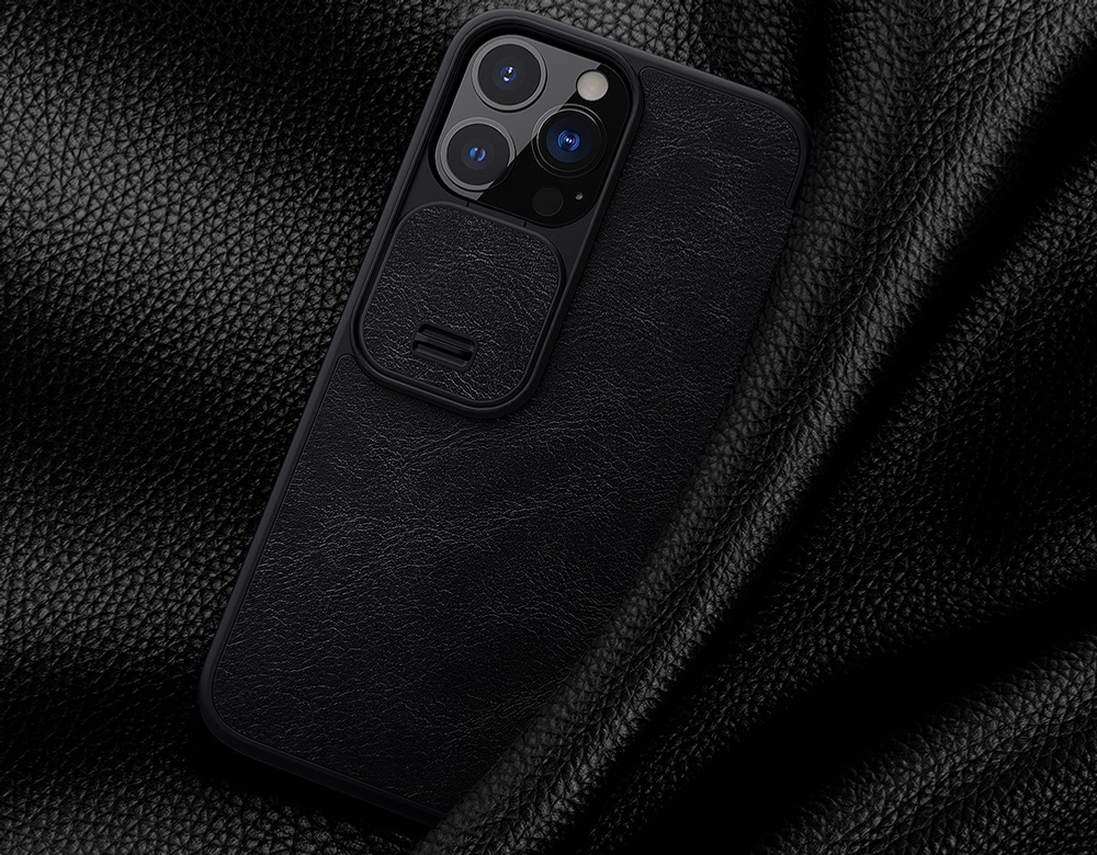 Кожаный чехол книжка от Nillkin для iPhone 13 Pro, черный цвет, серия Qin Pro Leather с защитной шторкой для камеры