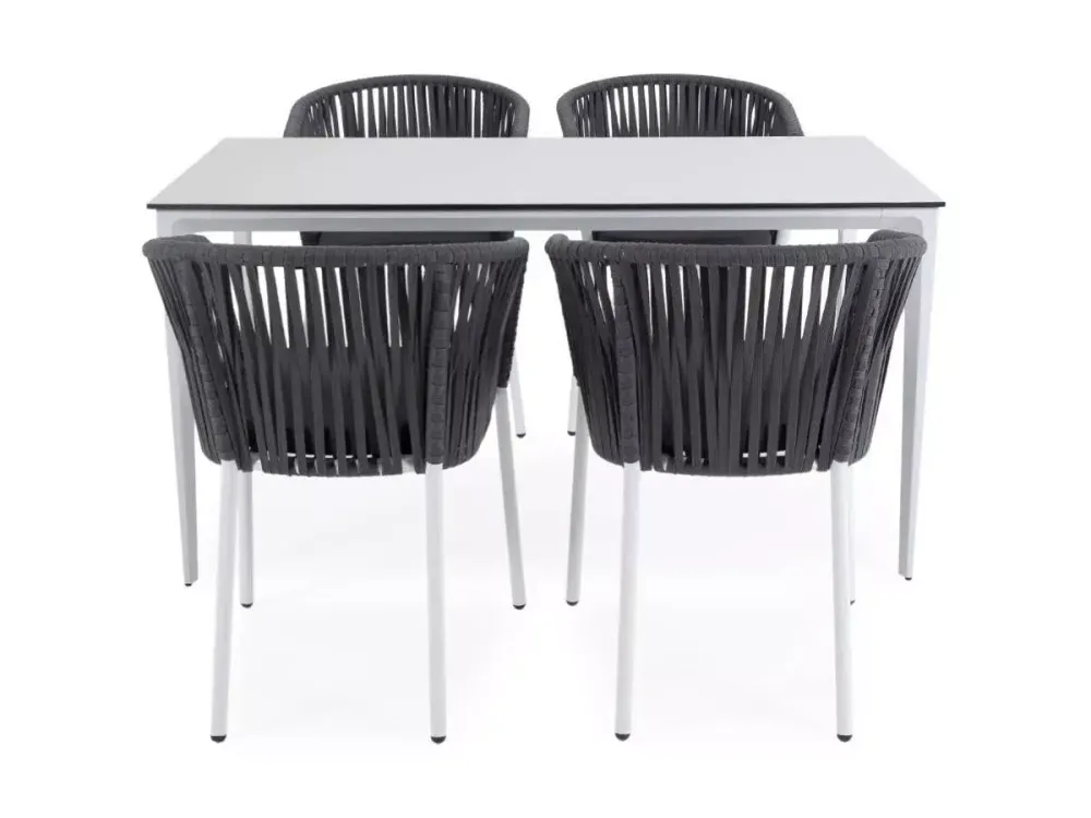 "Малага" обеденная группа на 4 персоны со стульями "Бордо", каркас белый, роуп серый