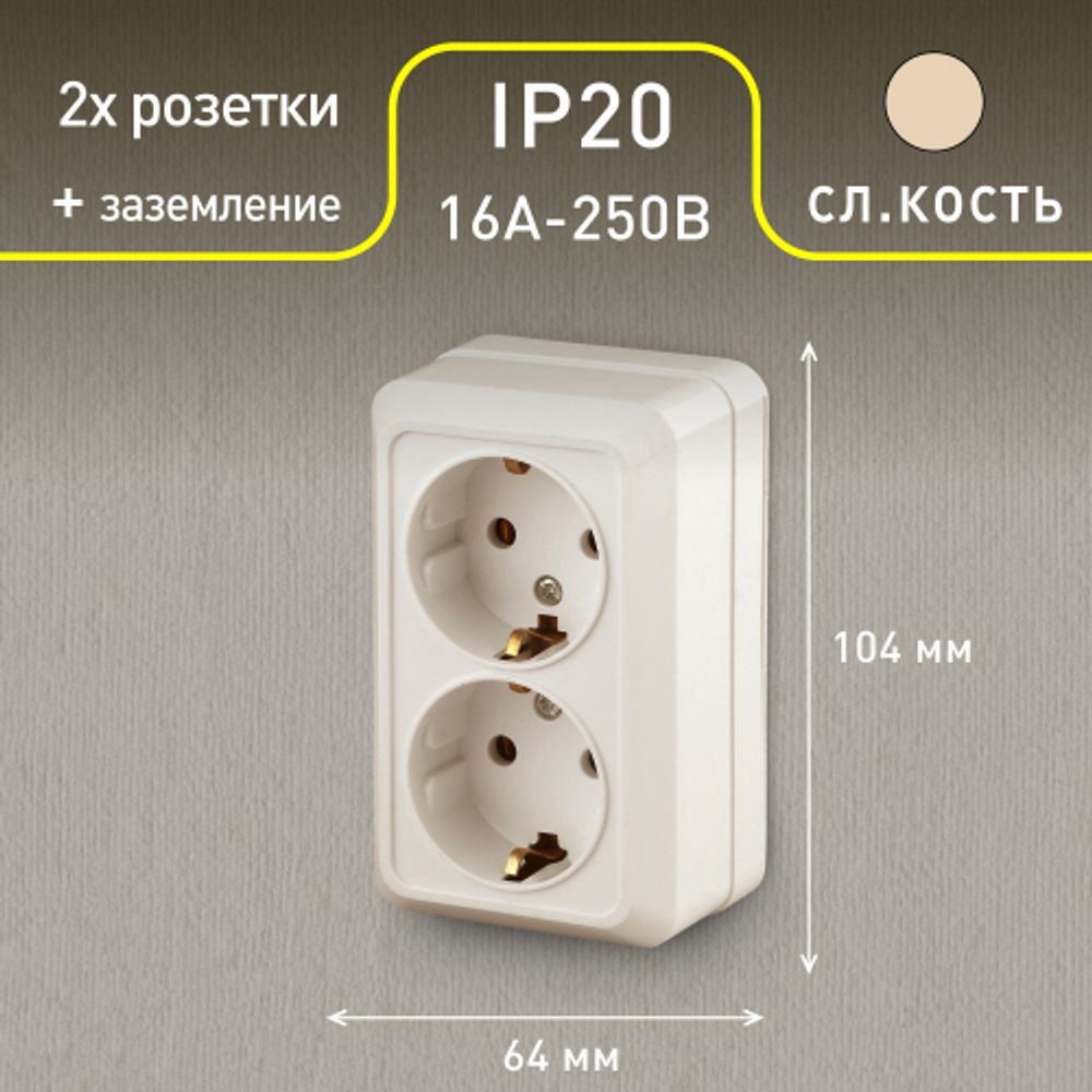Розетка Intro Quadro 2-204-02 с заземлением двойная 2х2P+E Schuko, 16А-250В, IP20, ОУ, слоновая кость