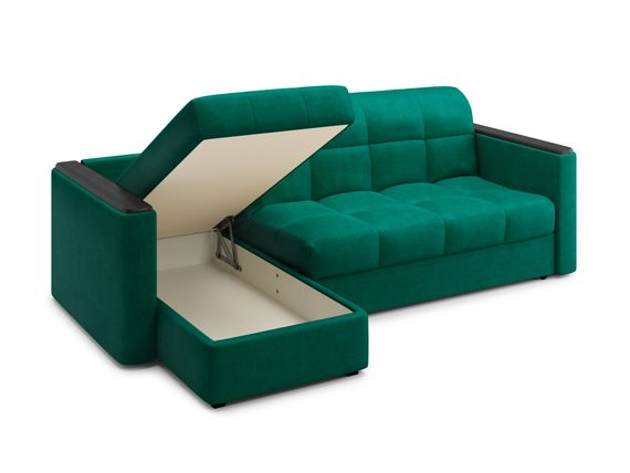 Диван угловой с оттоманкой Неаполь 1,2 - Velutto 33 изумрудный/накладка венге