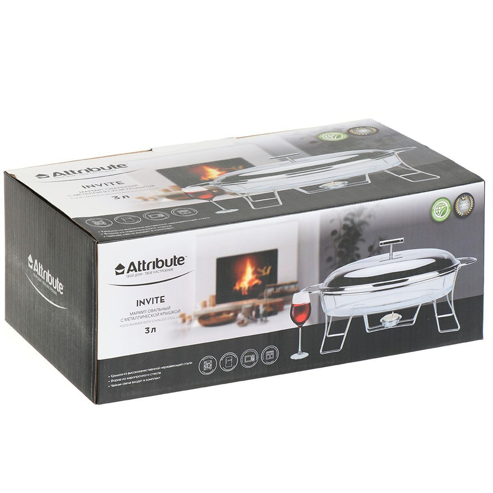 Мармит стекло, нержавеющая сталь, 3 л, 44x24.5x16.5 см, овал, Attribute, ABI010