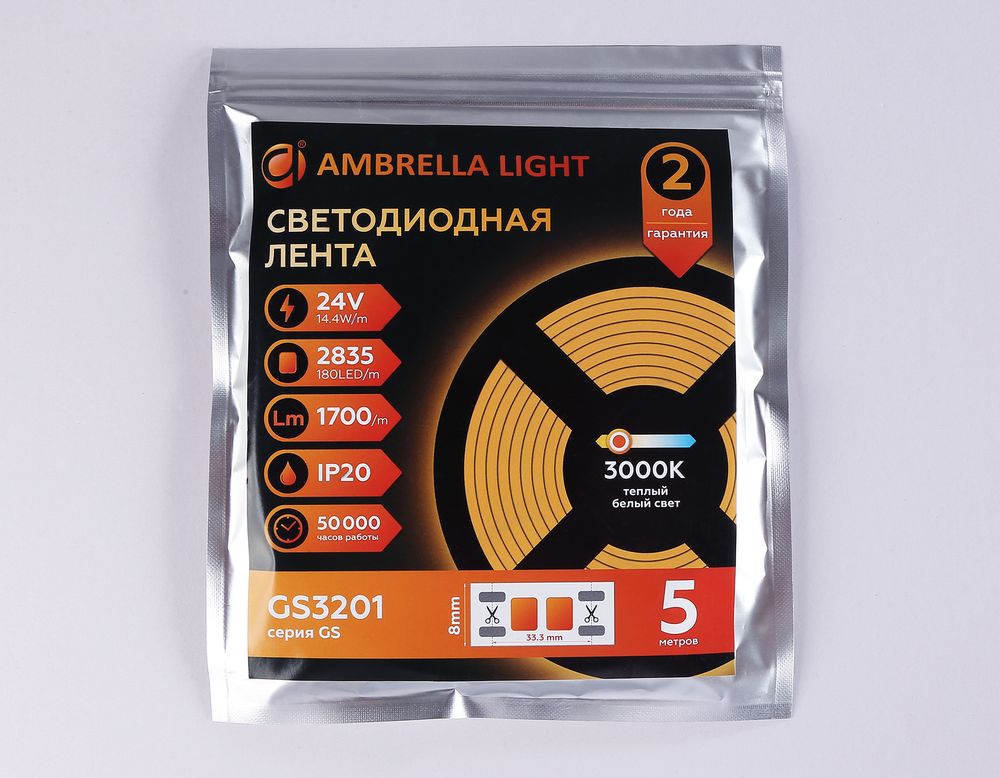 Ambrella Светодиодная лента Ambrella Light GS3201 2835 180Led /14.4W m/ 24V IP20 3000K 5m LED Strip 24V GS3201