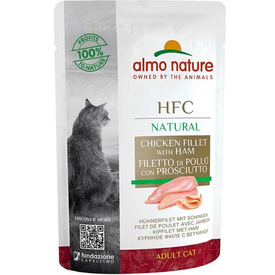 Almo Nature консервы для кошек "HFC Natural" с куриным филе и ветчиной (55% мяса) 55 г пакетик