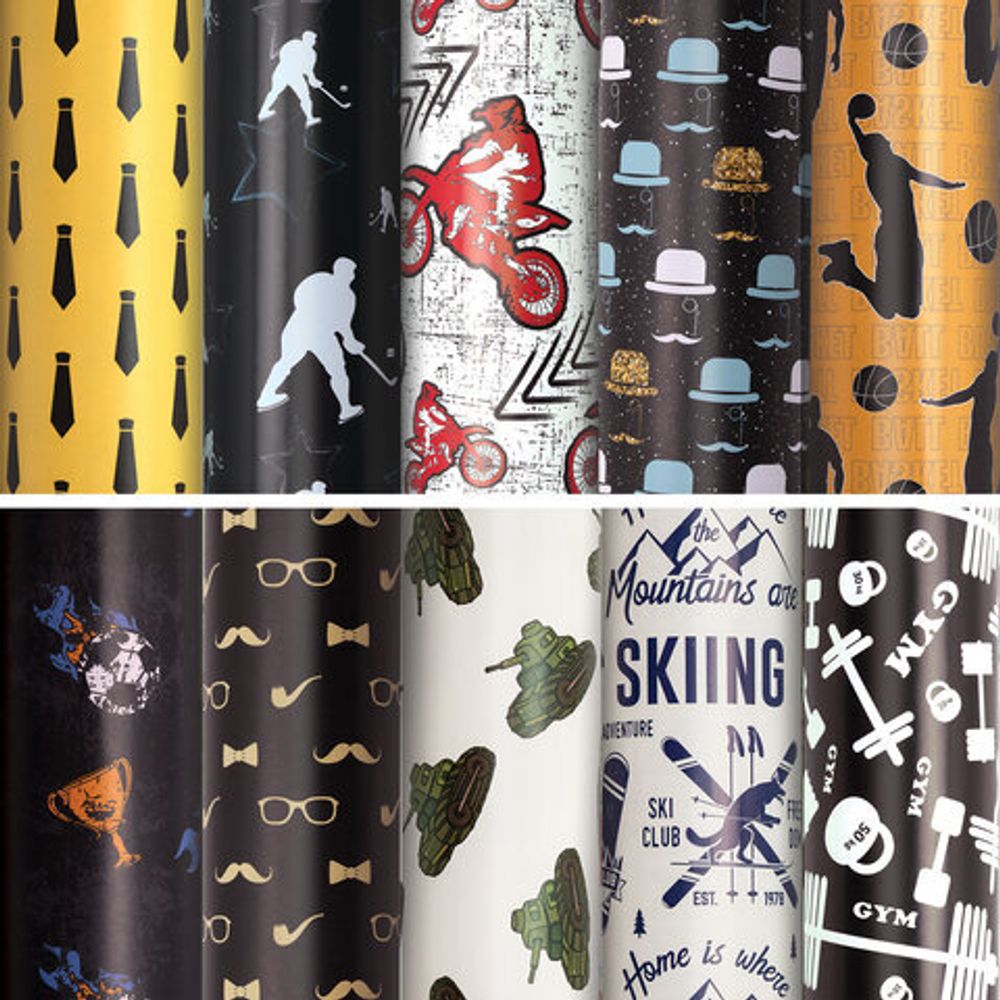 Бумага упаковочная "For Men", 70x100 см, 10 дизайнов ассорти, ЗОЛОТАЯ СКАЗКА, 591914, 1шт