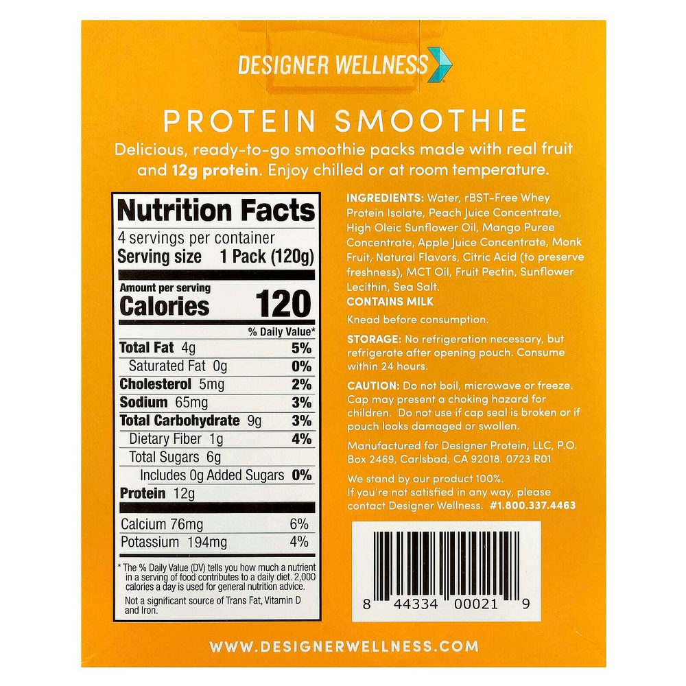 Designer Wellness, Протеиновый смузи, персик и манго, 4 упаковки по 120 г (4,2 унции)