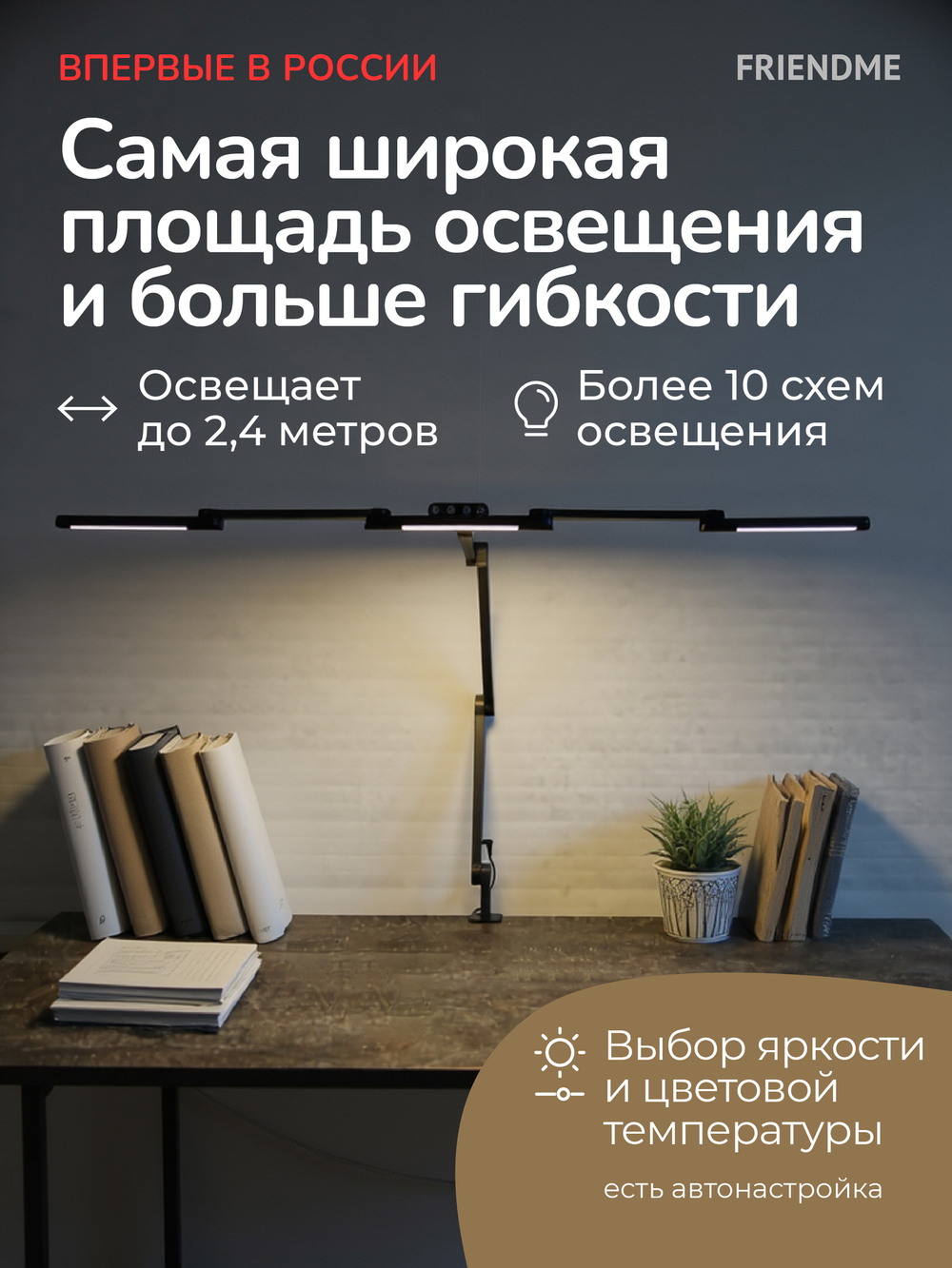 Светильник FRIENDME настольный на струбцине светодиодный No. 12 черный с тройным источником света. Яркость - 1270 lum. 24W.