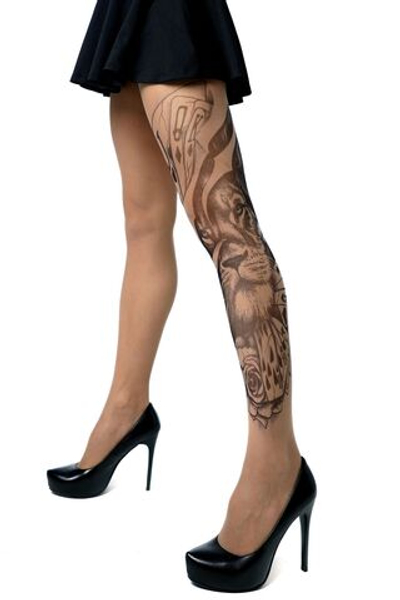 Колготки с принтом в виде льва и игральных карт (Размер: S-M-L) (Цвет: бежевый)