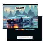 Альбом для рисования А4 24л., Alingar, на скрепке, мелованный картон (стандарт) 210г/м2, офсет 100 г/м2, "Яркое авто", 4 дизайна в пленке т/у
