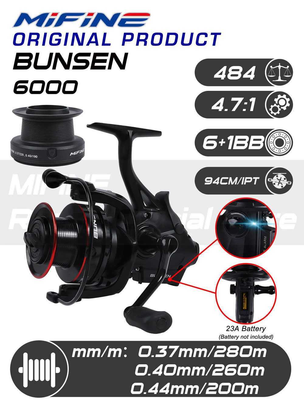 Катушка рыболовная MIFINE BUNSEN 6000B; 6+1подшипник, (с двойным фрикционом; запас.пласт.шпуля), для спиннинга, для карповой ловли, для фидерной ловли
