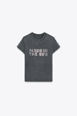 ZARA ФУТБОЛКА ИЗ ТКАНИ С ЭФФЕКТОМ ПОТЕРТОСТИ И СТРАЗАМИ, АНТРАЦИТОВО-СЕРЫЙ