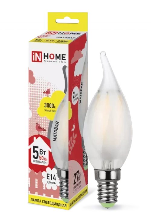 Лампа светодиодная LED-СВЕЧА НА ВЕТРУ-deco 5Вт 230В Е14 3000К 450Лм матовая IN HOME