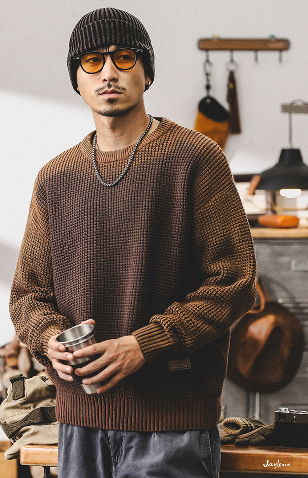 Американский ретро свитер мужской варёный с круглым воротом