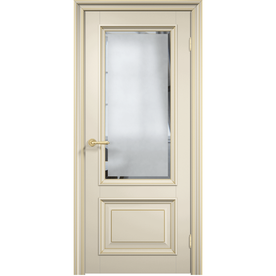 Фото межкомнатной двери эмаль Дверцов Больцано 2 цвет жемчужно-белый RAL 1013 патина золото остеклённая