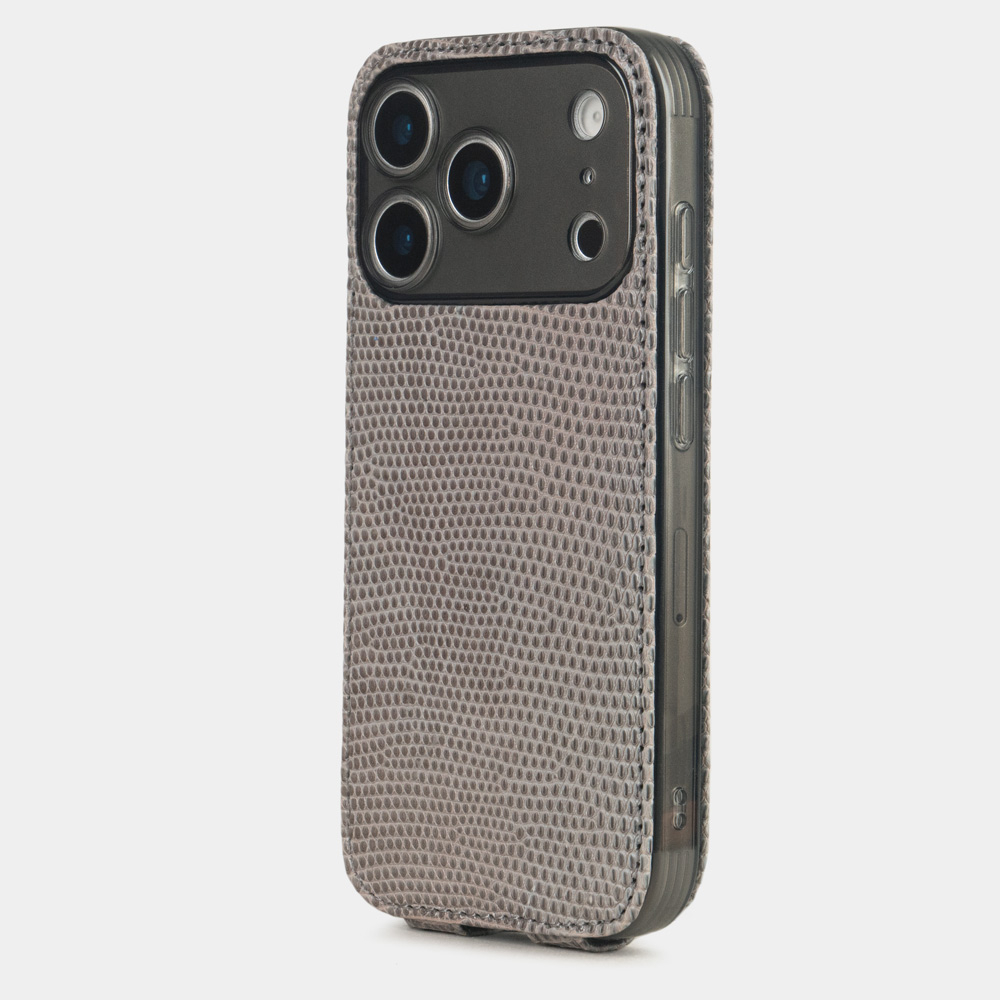 Кожаный чехол для iPhone 17 Pro Max, ящерица серого цвета