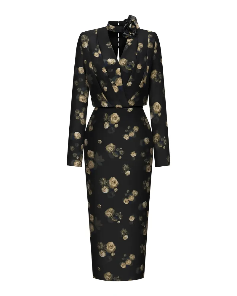 Jasmine midi, платье миди из черного крепдешина с крупным цветочным принтом