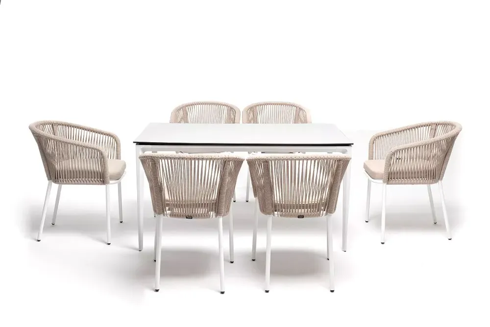 "Малага" обеденная группа на 6 персон со стульями "Марсель", каркас белый, роуп бежевый