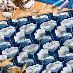 Ткань премиум мембрана белосиняя цветочная графика