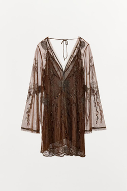 ZARA ВЫШИТОЕ ПЛАТЬЕ ZW COLLECTION LIMITED EDITION, КОРИЧНЕВЫЙ