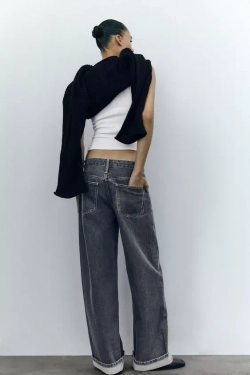 ZARA ДЖИНСЫ TRF RELAXED С НИЗКОЙ ПОСАДКОЙ И ОТВОРОТАМИ, СЕРЫЙ