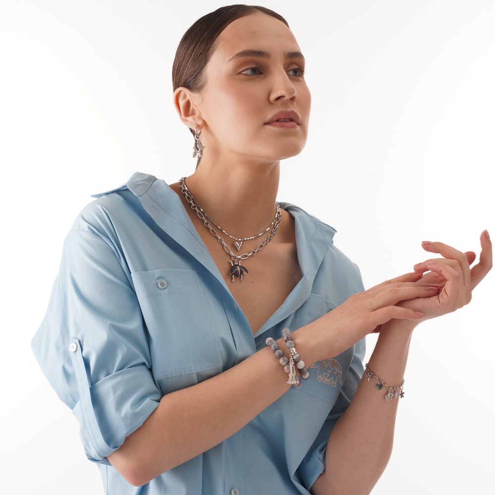 Браслет из агата Ботсвана и шарика с фианитами, silver