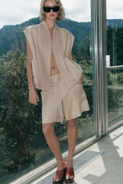 ZARА БЕРМУДЫ КОМБИНИРОВАННЫЕ ИЗ 100% ЛЬНА, ЛИМИТИРОВАННАЯ СЕРИЯ, БЕЖЕВЫЙ